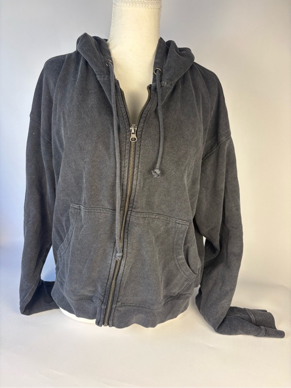 Charcoal Washed Zip-Up Hoodie with Drawstring Hood